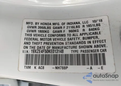 2019 Honda Insight Ex z USA, uszkodzony, nr VIN 19XZE4F50KE013148